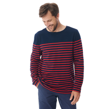 Marinière homme bleu et rouge à rayures placées | Mousqueton