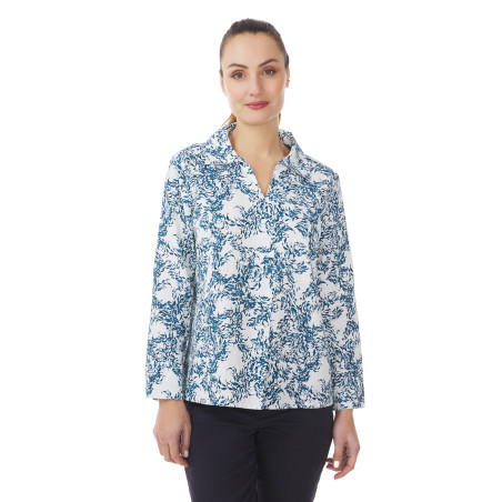 Blouse Femme col V à motifs poissons bleu abysse | Mousqueton