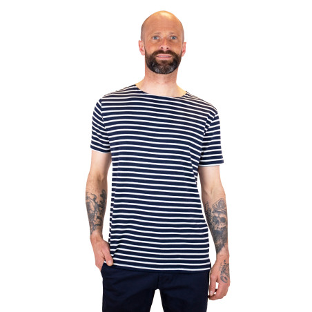 T-shirt rayé manches courtes en coton homme bleu marine | Mousqueton