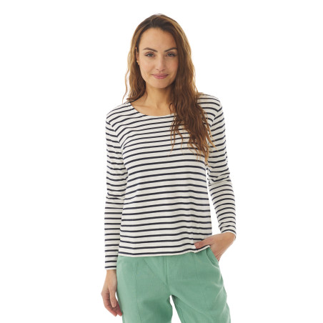 T-shirt rayé manches longues femme bleu marine | Mousqueton