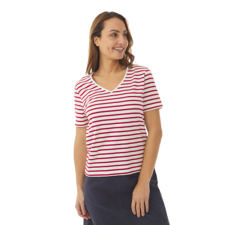 Striped V-neck T-shirt with short sleeves red | Mousqueton
