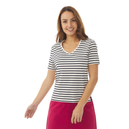 T-shirt rayé col V à manches courtes bleu marine | Mousqueton