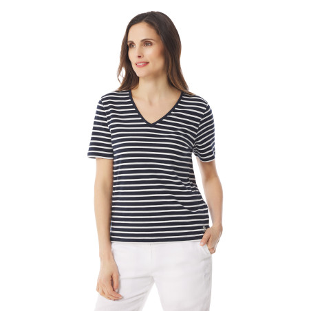 T-shirt rayé col V à manches courtes bleu marine | Mousqueton