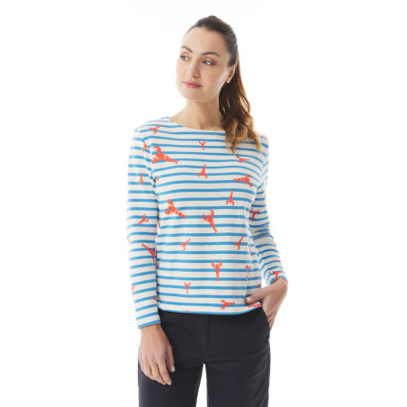 Women's two-tone sky blue striped top with lobster motifs | Mousqueton