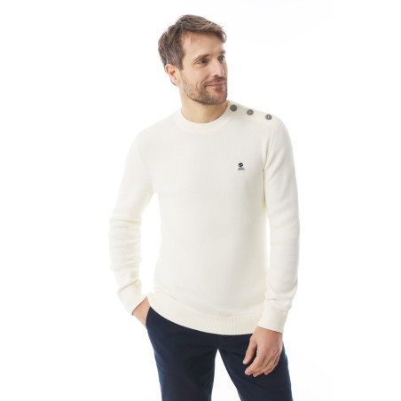 Pull uni en tricot col rond blanc écru | Mousqueton