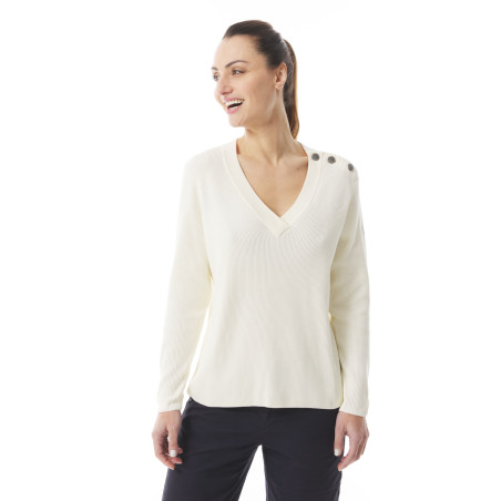 Pull en tricot col V et épaule boutonnée blanc écru | Mousqueton