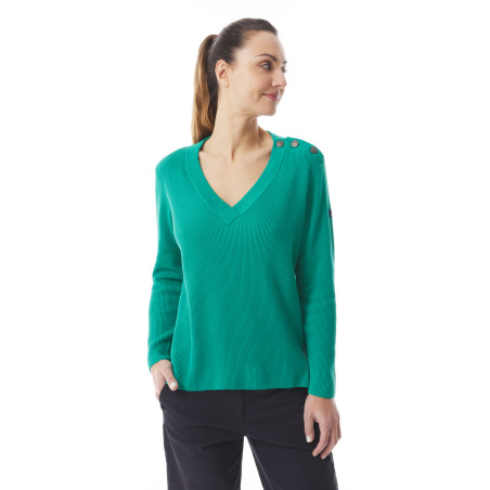 Pull en tricot col V et épaule boutonnée vert jade | Mousqueton