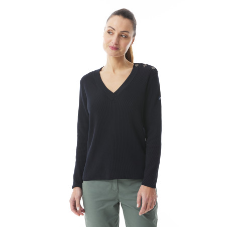 Pull en tricot col V et épaule boutonnée bleu marine | Mousqueton