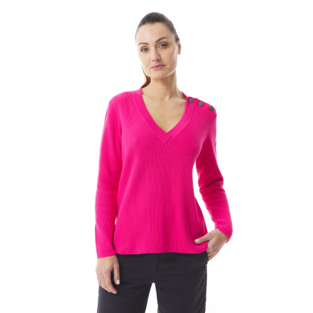 Pull en tricot col V et épaule boutonnée rose fuchsia | Mousqueton