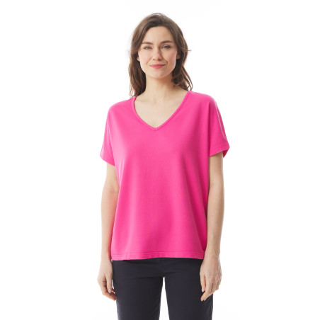 Women's fuchsia pink organic cotton V-neck T-shirt I Mousqueton