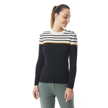 Pull marin rayé femme multicolore bleu marine et jaune orangé | Mousqueton