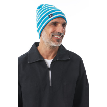 Bonnet rayé à revers bleu ciel | Mousqueton