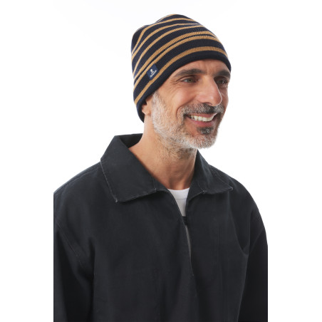 Bonnet rayé à revers marine et beige | Mousqueton