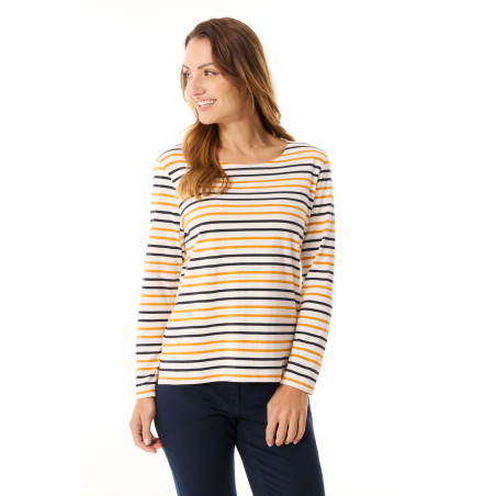 T-shirt manches longues rayé femme jaune orangé | Mousqueton