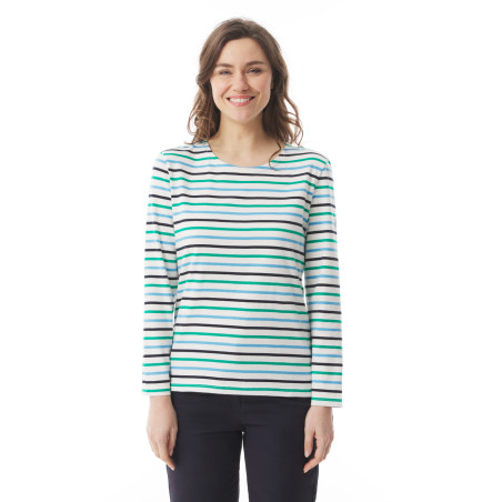 T-shirt manches longues rayé femme bleu ciel et vert jade | Mousqueton