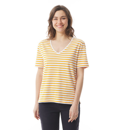 T-shirt rayé col V à manches courtes jaune orangé | Mousqueton