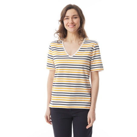 T-shirt col V rayé à manches courtes jaune orangé | Mousqueton
