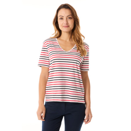 V-neck striped T-shirt with short sleeves red and navy blue | Mousqueton