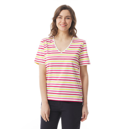 T-shirt col V rayé à manches courtes rose fuschia | Mousqueton