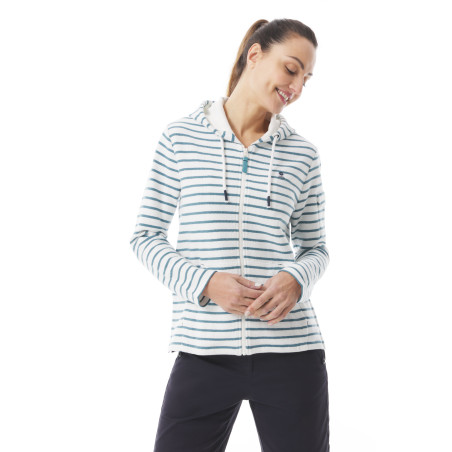 Sweat zippé femme à capuche en molleton rayé blanc et bleu clair | Mousqueton