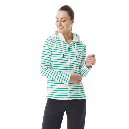 Sweat zippé femme à capuche en molleton rayé blanc vert jade | Mousqueton