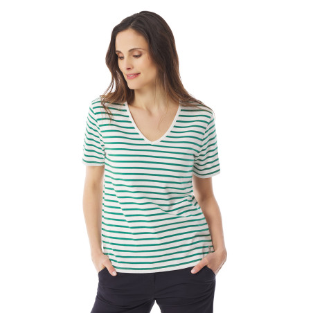 T-shirt rayé col V à manches courtes vert jade | Mousqueton