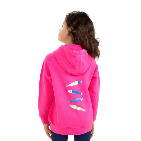 Sweat zippé à capuche enfant rose fuchsia motifs sardines par Stéphanie Veillard