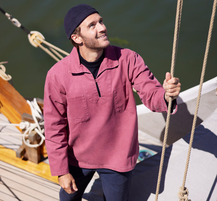Man wearing a corduroy fisherman smock from Mousqueton