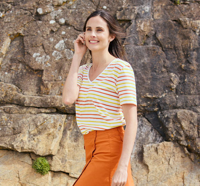 Woman wearing a V-neck t-shirt
