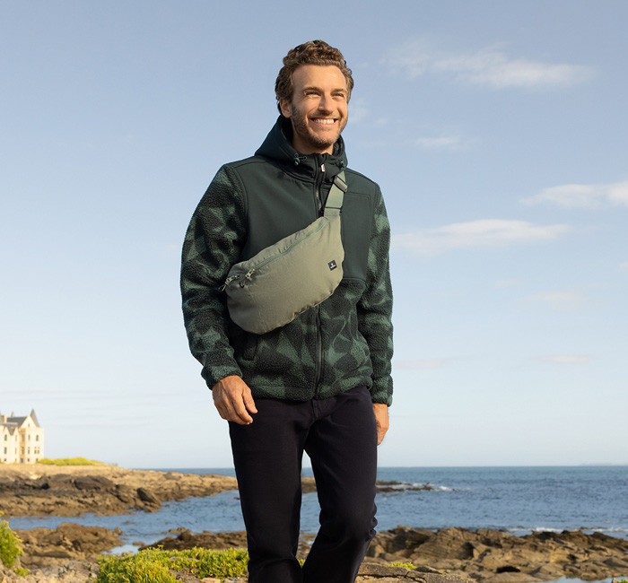 Man wearing a zipped fleece jacket