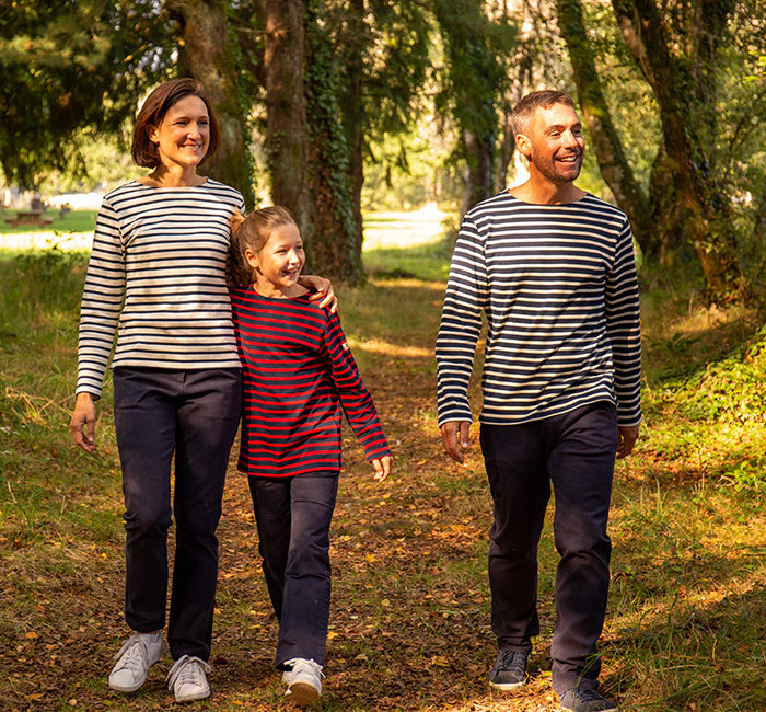 Family wearing sailor stripe t-shirts